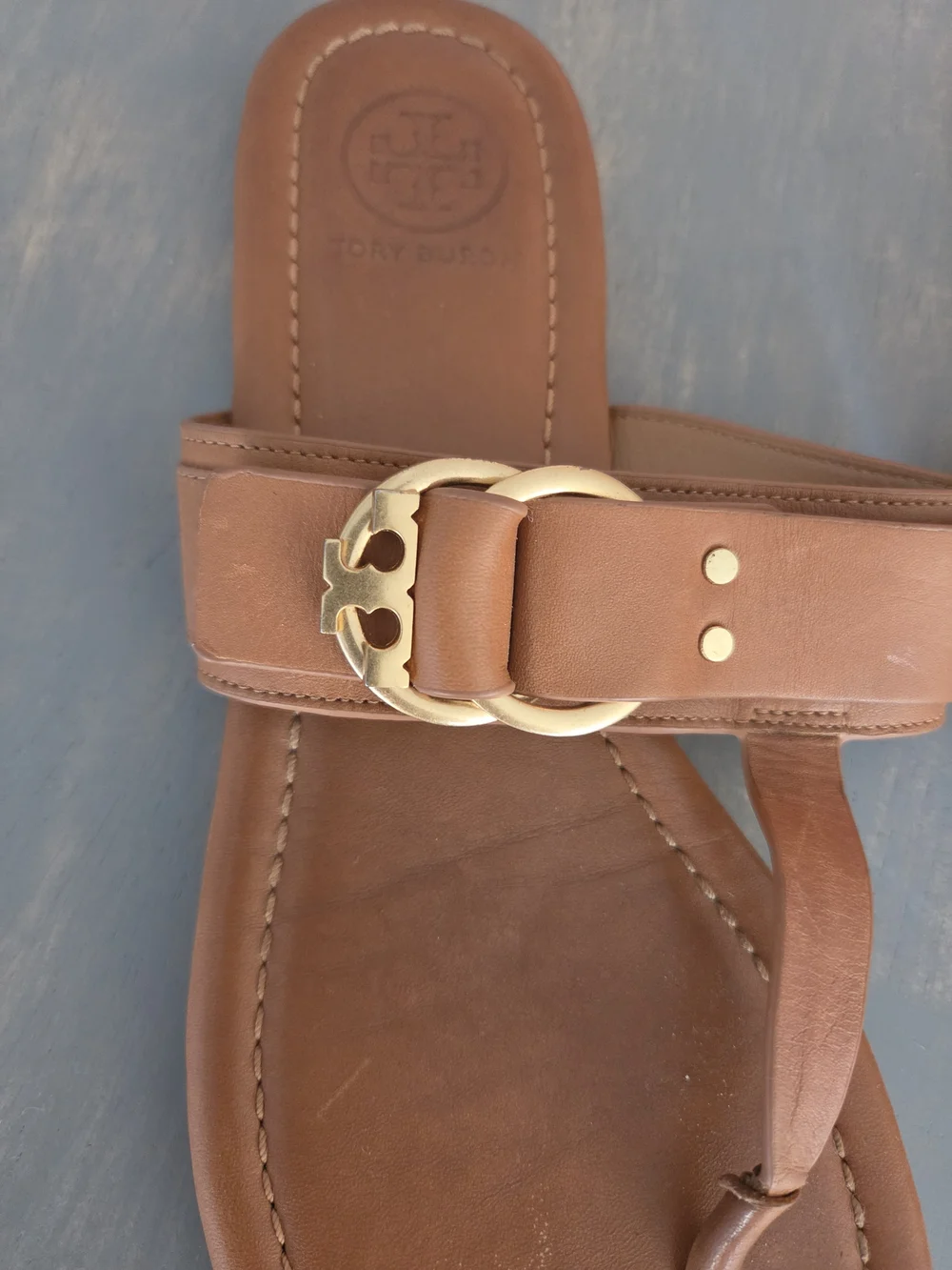 Tory Burch Brown Leather Thong Sandals with Gold Buckle